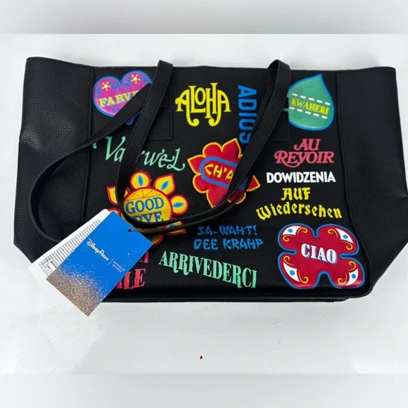 Danielle Nicole Disney It’s a Small World Black Tote with Colorful Patches - Picture 1 of 11